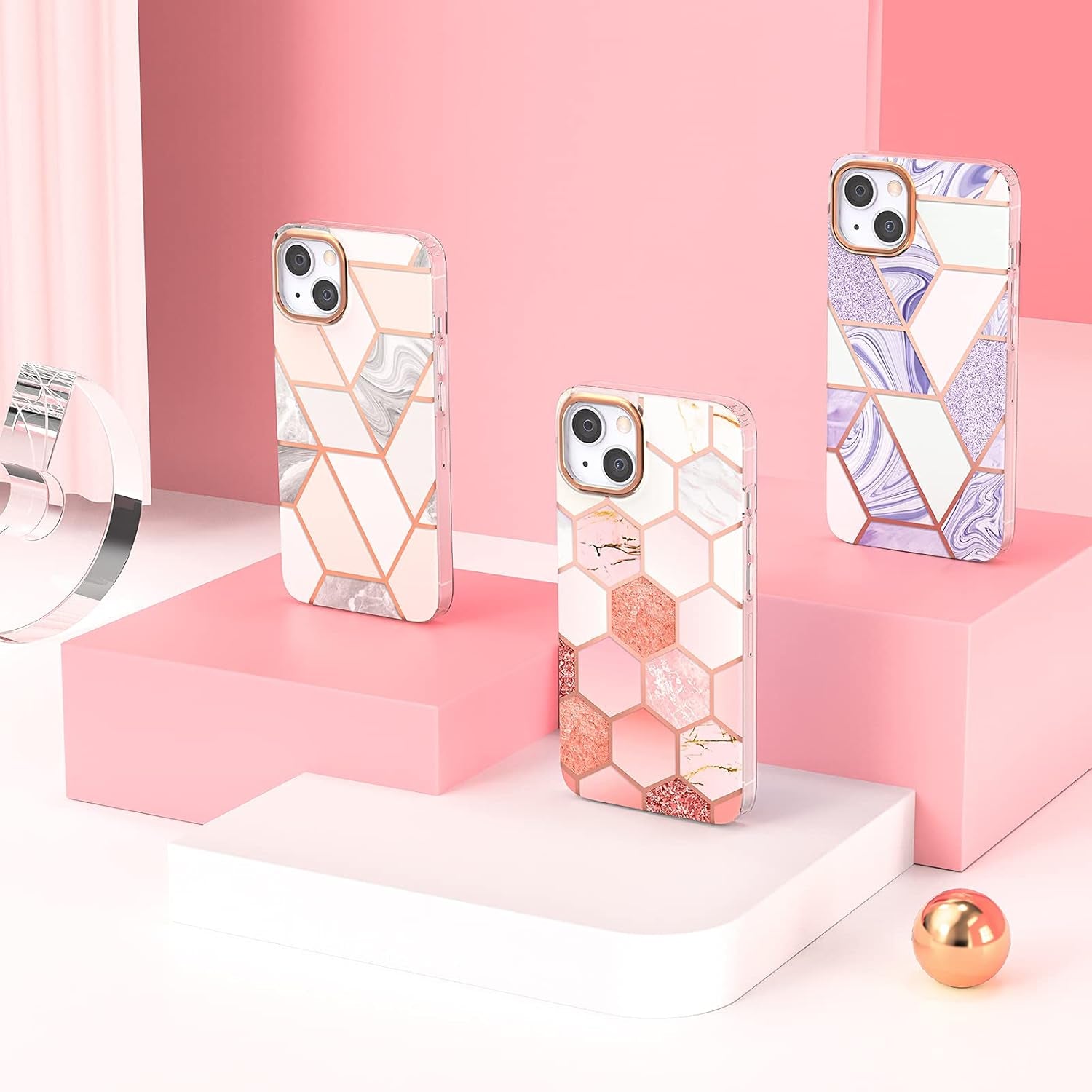 Compatible with Iphone 13 Case Marble Design Slim Thin Stylish Geometric Cover for Iphone 13 6.1" 2021(Marble Pink)